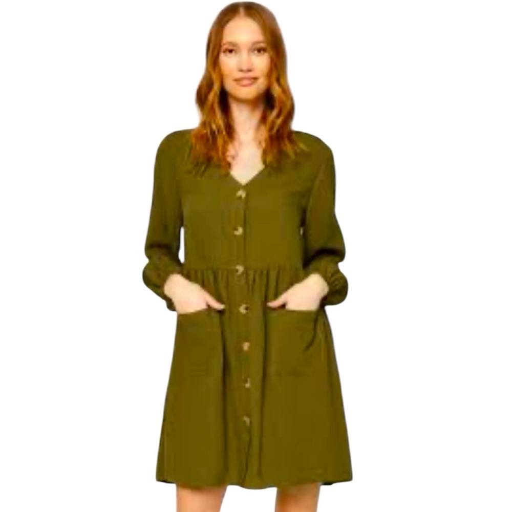 Hayden Button Down Green Boho Pocketed Puff Sleeve Dress SZ M